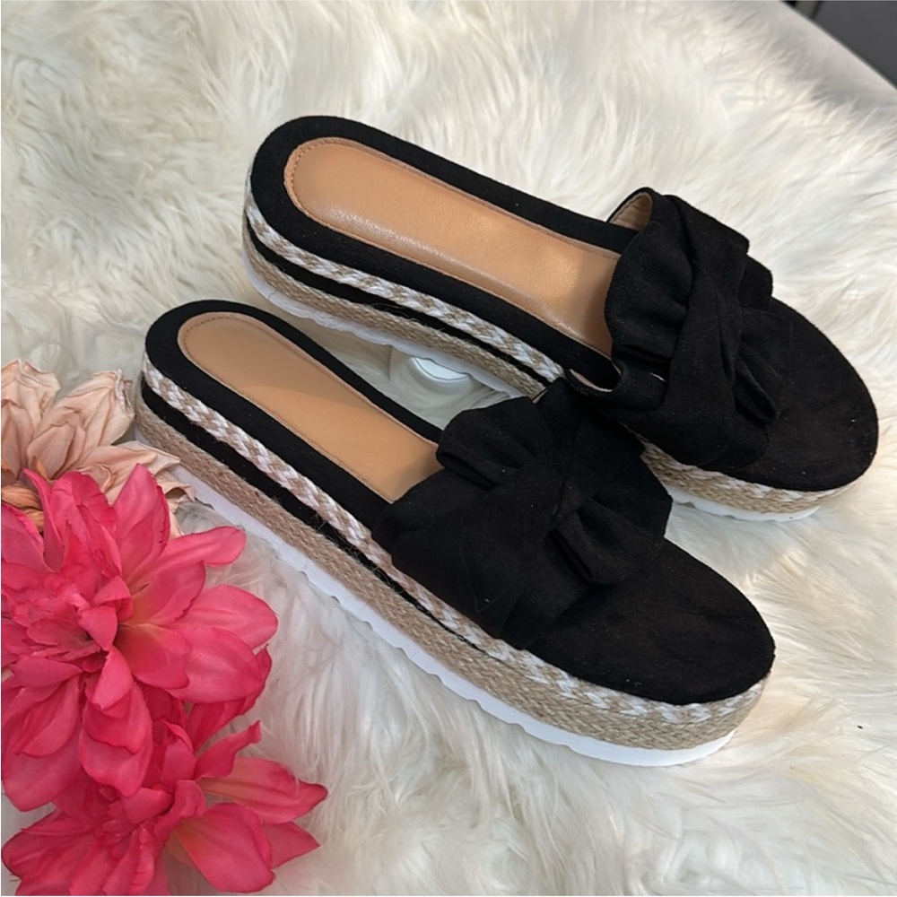 Black Velvet Bow Slides Espadrille Slip On Sandals Platform Women’s Sz 9.5 NEW!